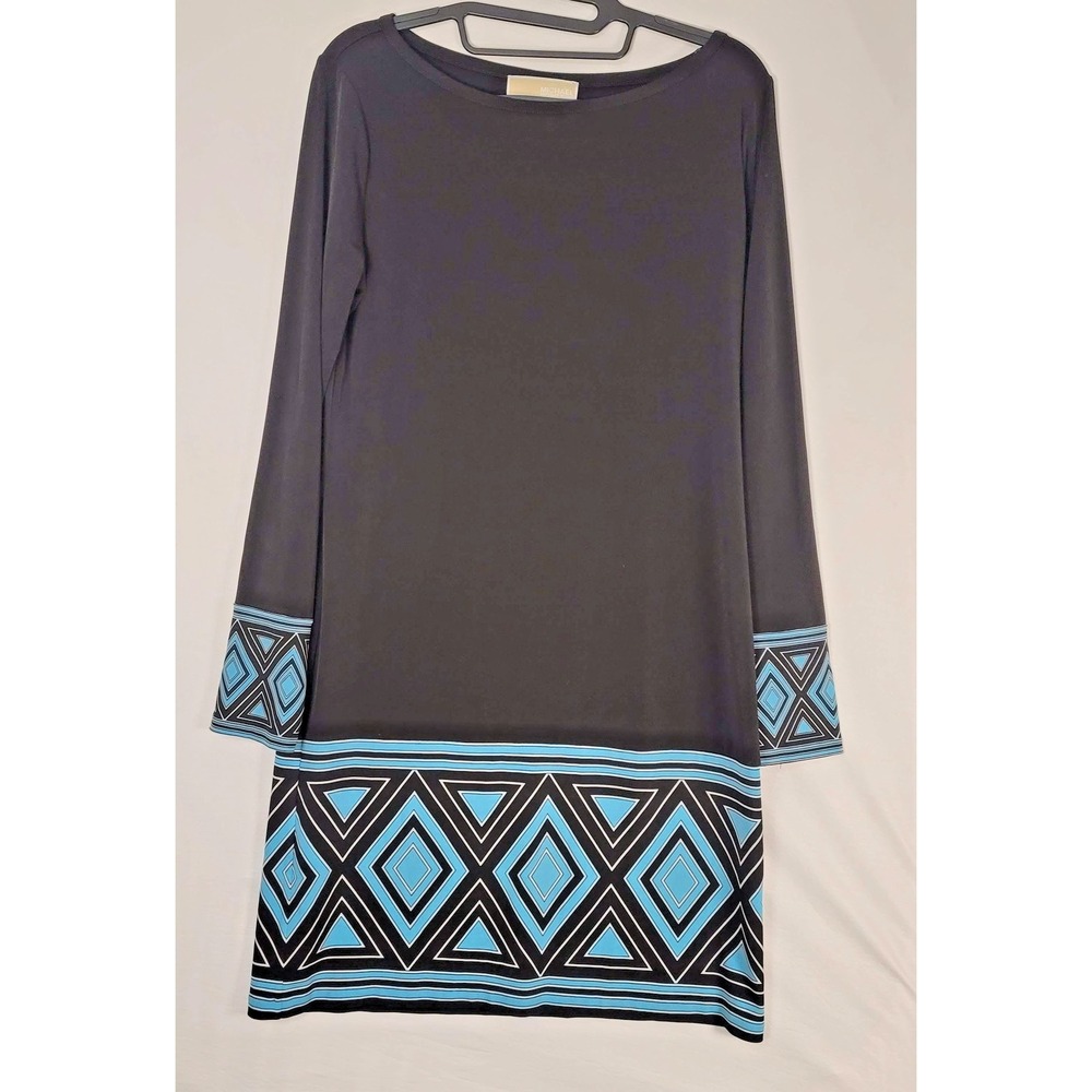 Michael Michael Kors Dress Womens Medium Black Blue Geometric Long‎ Sleeve Shift